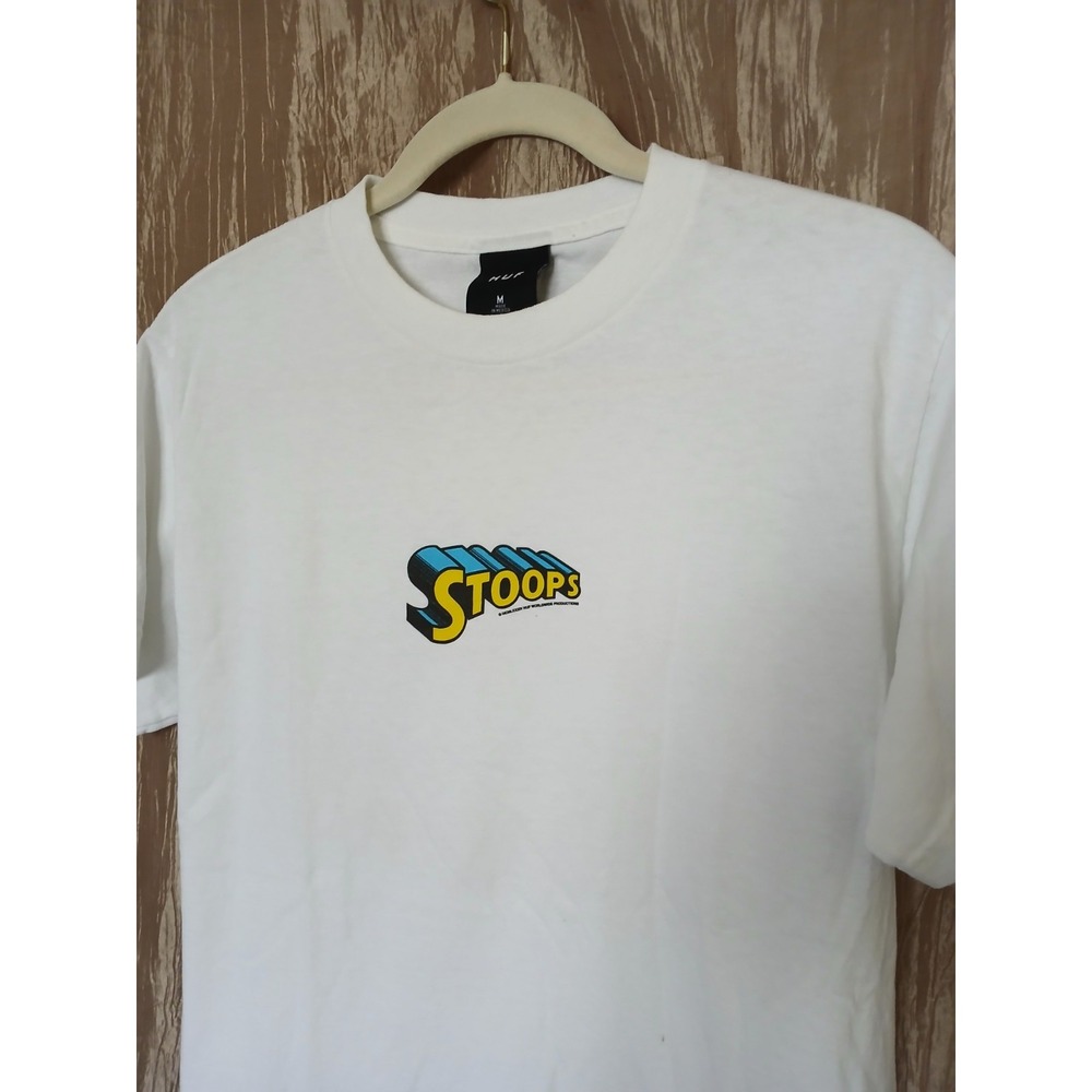 Vintage HUF Γ STOOPS! Graphic Logo T Shirt Mens M Cotton White Skateboard Y2K *